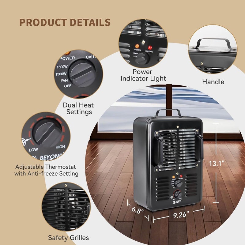 BEYOND HEAT Milkhouse Space Heater, 1300W/1500W Electric Heater with Thermostat, 3 Heat Settings, Safe and Quiet Heater for Garage Workshop Warehouse, Black 2-Pack - Image 3